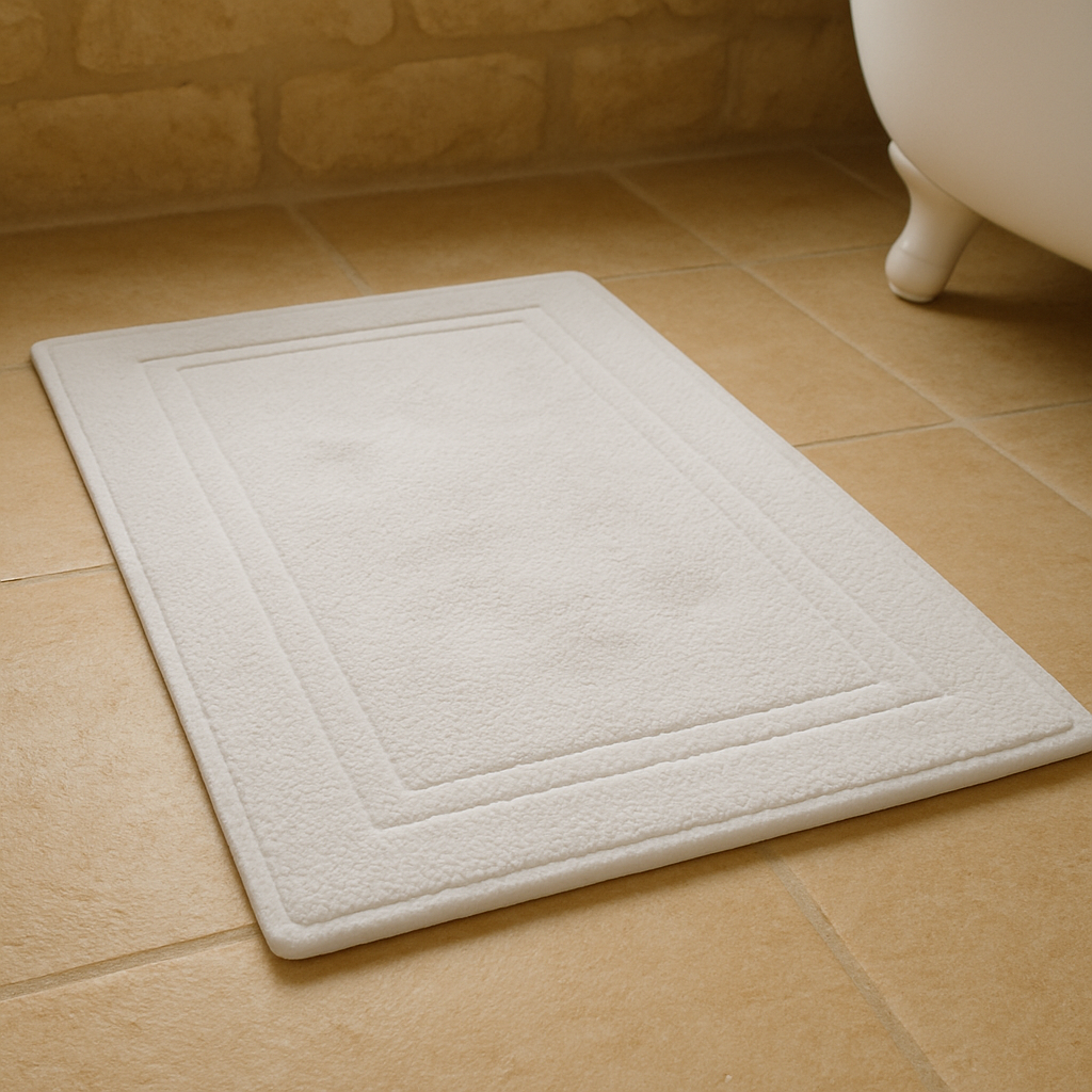 Fluffy White Bath Matt On Stone Floor