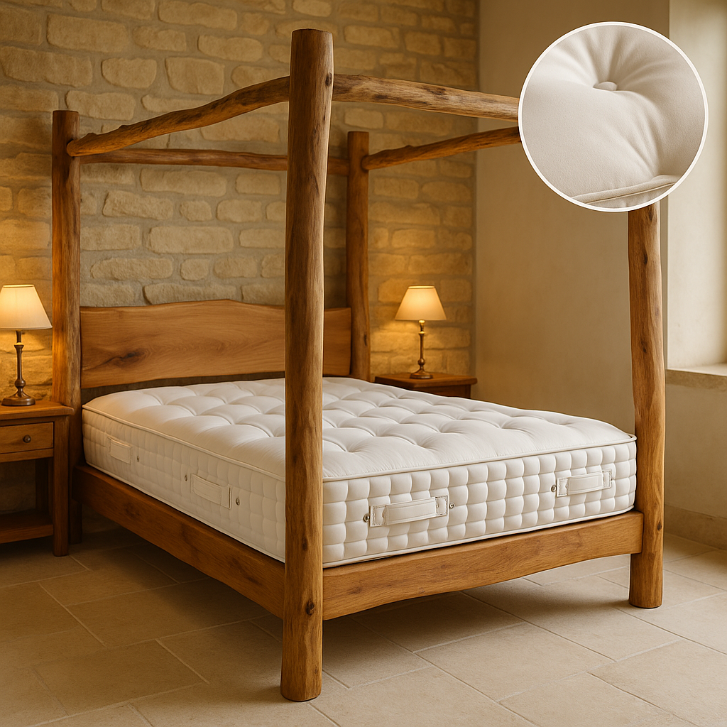 Bare Mattress shown on 4 poster live edge bed in cotswold stone bedroom