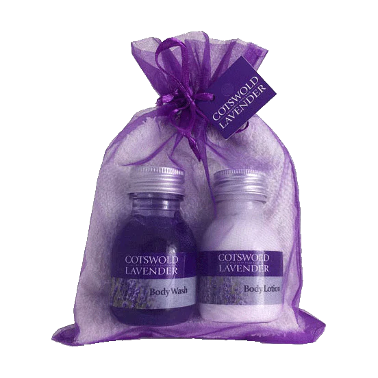 Cotswold Lavender body wash and lotion set in a sheer purple bag on a white background