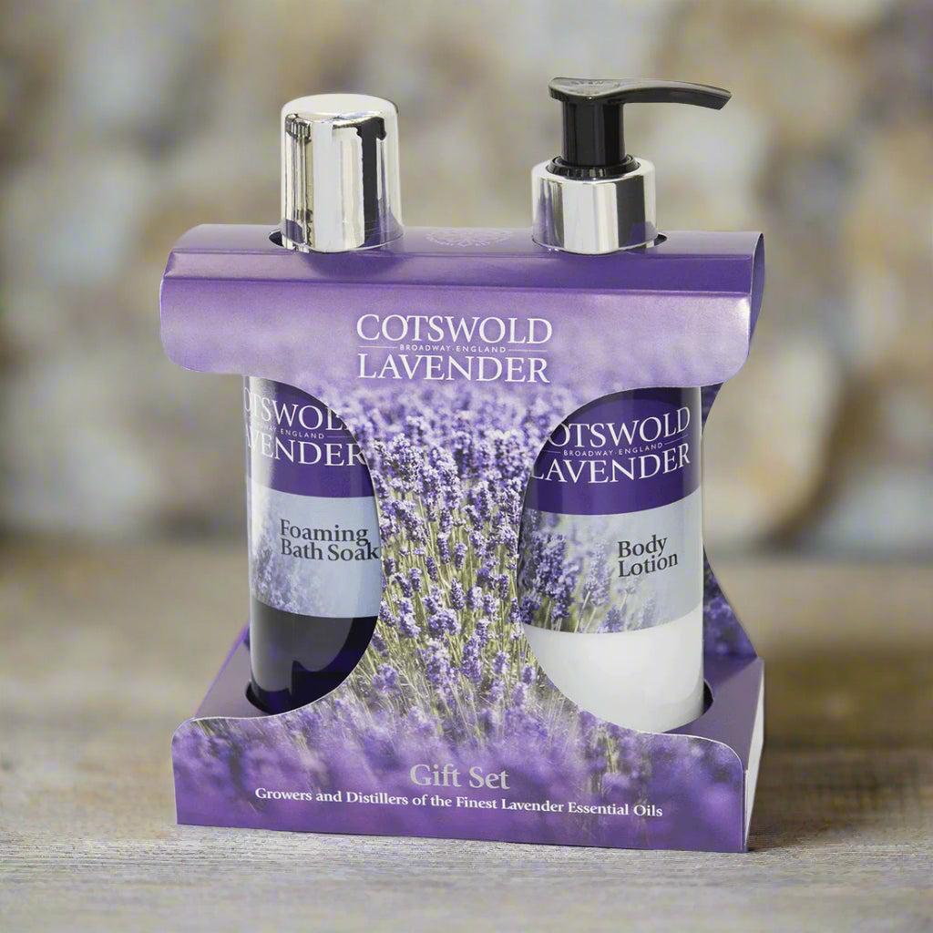 Cotswold Lavender gift set with foaming bath soap and body lotion on a white background