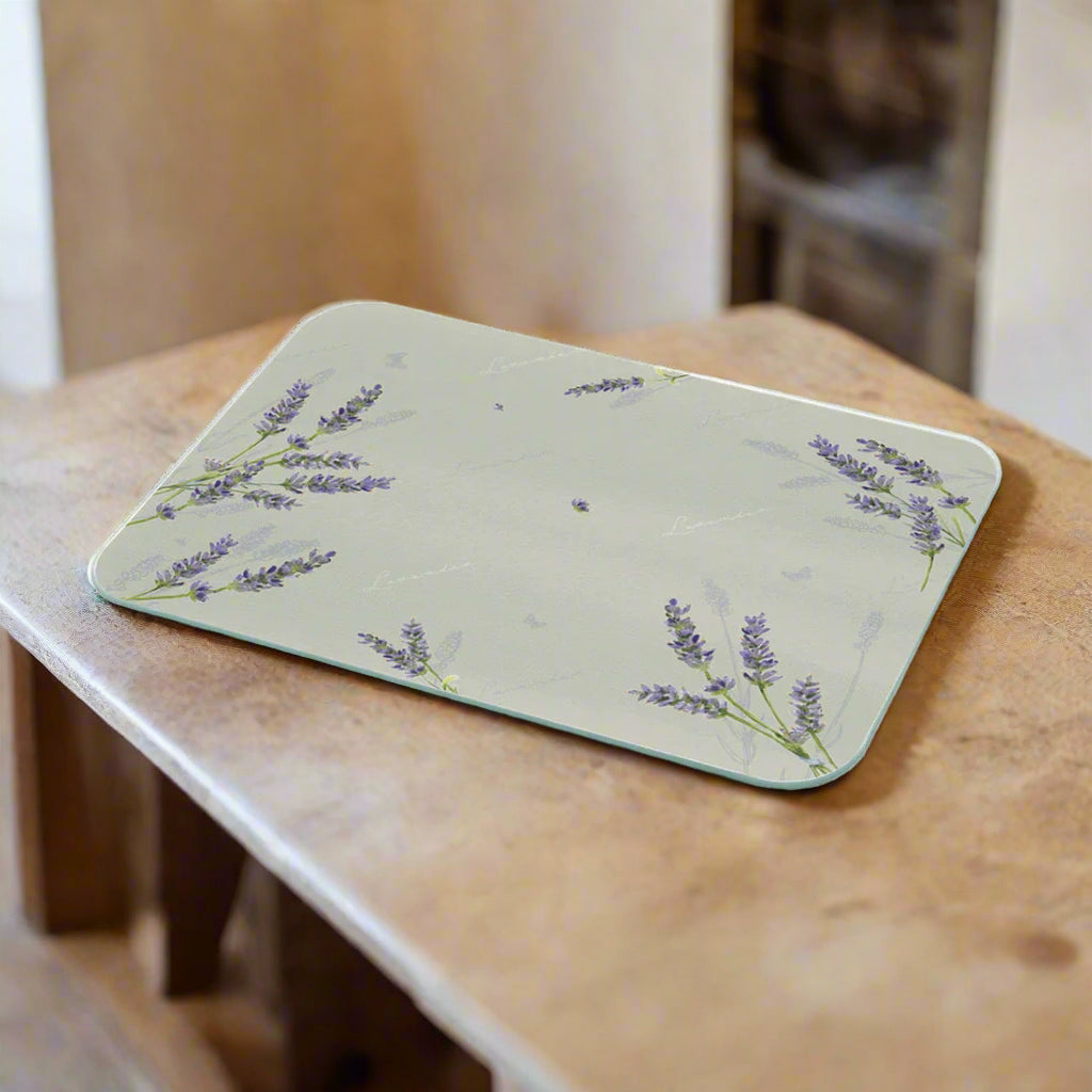 Rectangular mat with lavender pattern on a light green background