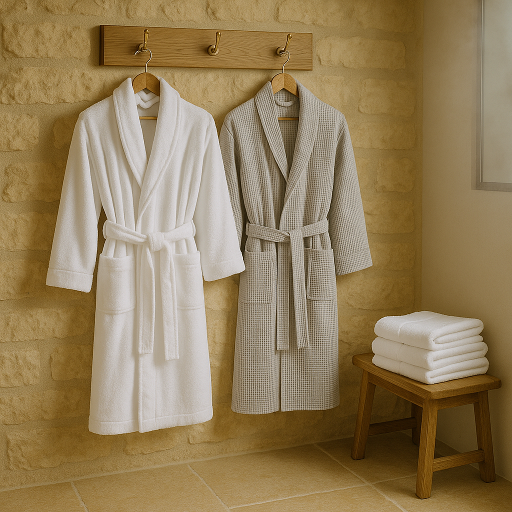 Bath robes hanging in a Cotswold stone bathroom