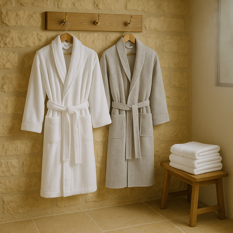 Bath robes hanging in a Cotswold stone bathroom