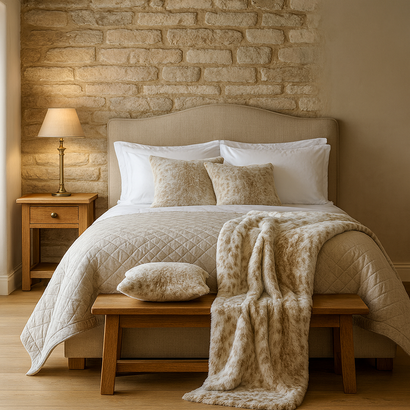 Bed throws In Cotswold stone bedroom