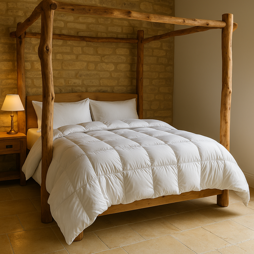 Duvets shown on an Oak 4 poster bed in cotswold stone