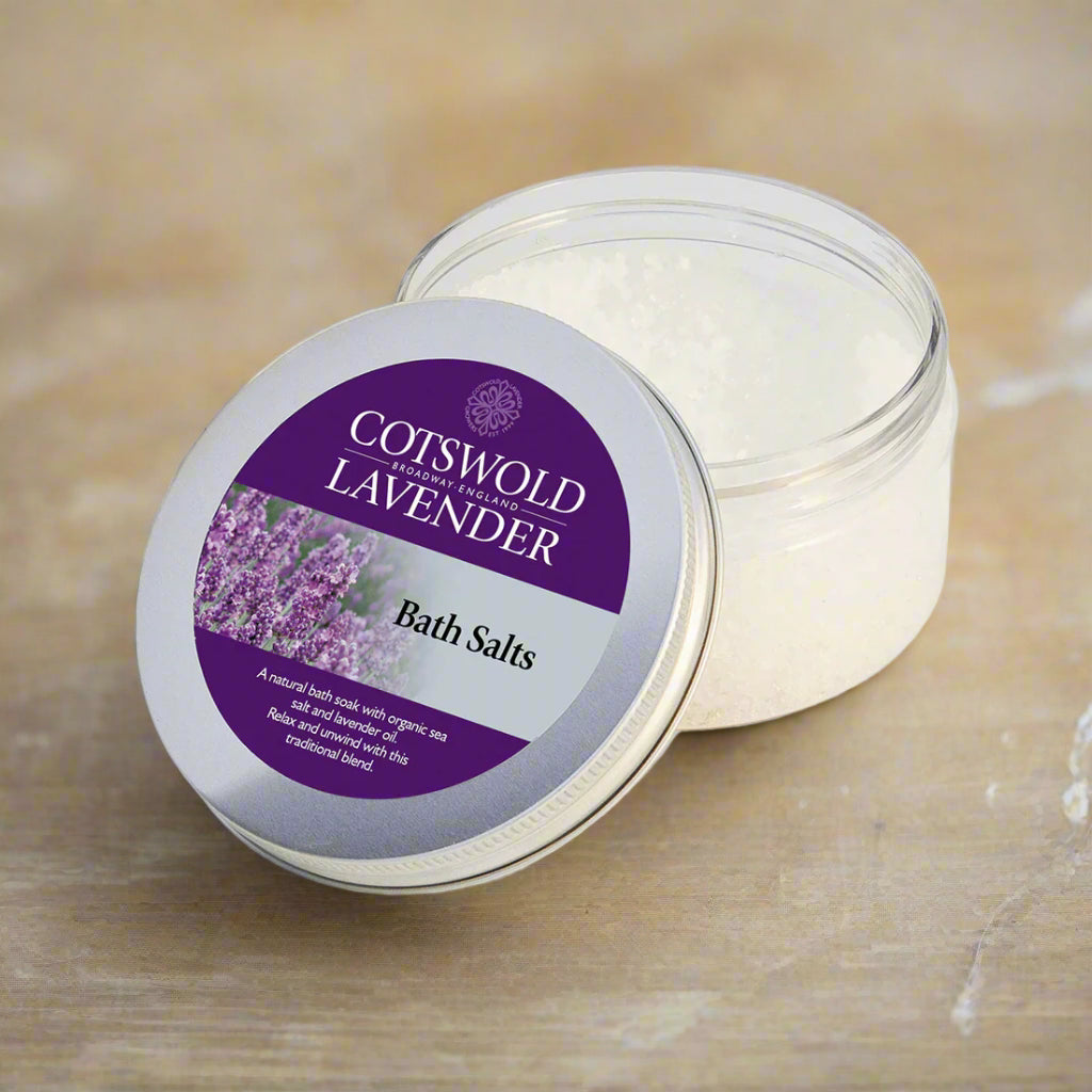 Cotswold Lavender bath salts container on a white background