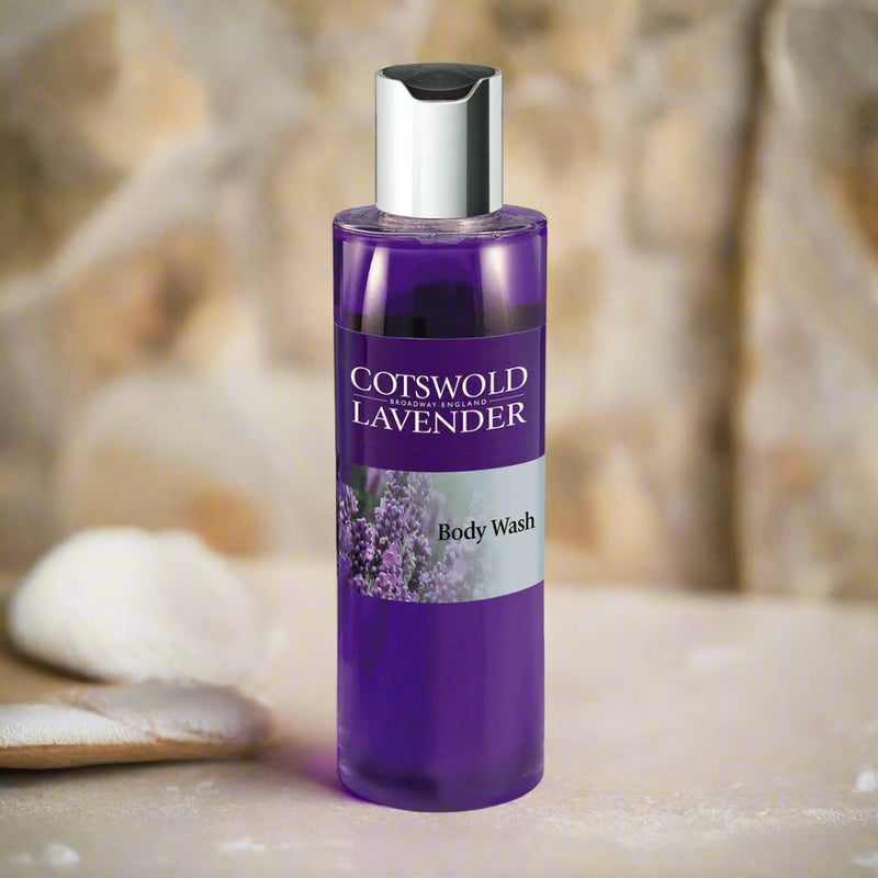Cotswold Lavender body wash bottle on a white background