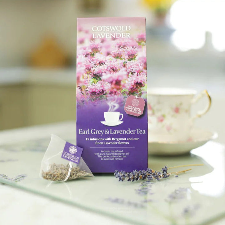 Tea package with Earl Grey & Lavender Tea on a table with a blurred background