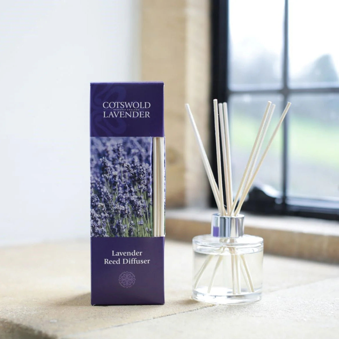 Cotswold Lavender reed diffuser with packaging on a surface.