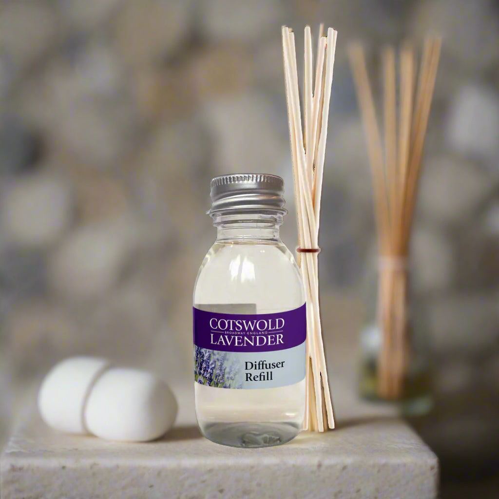 Cotswold Lavender diffuser refill bottle with sticks on a white background