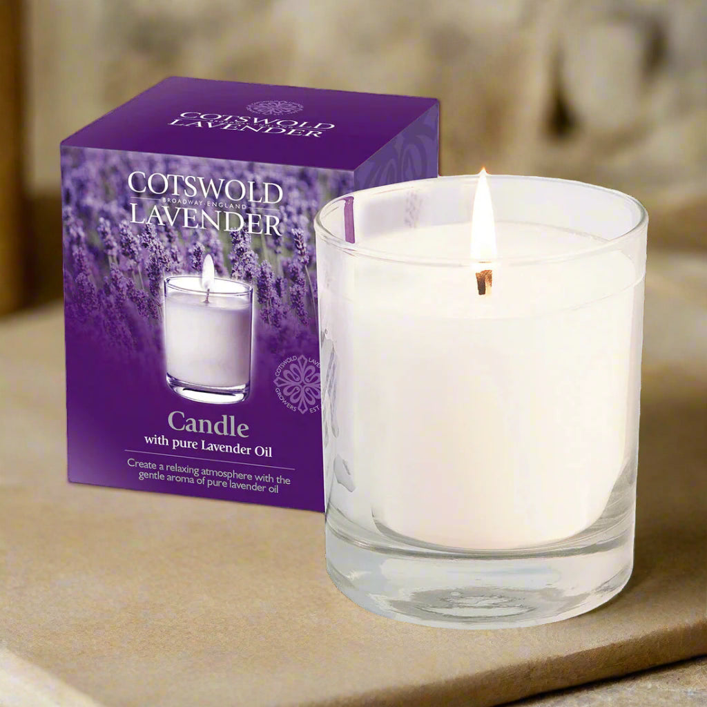 Cotswold Lavender candle with packaging on a white background
