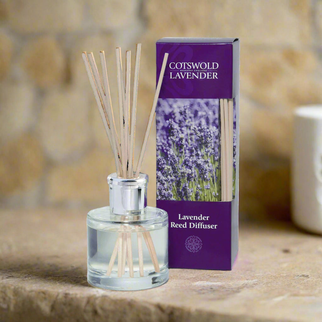Cotswold Lavender lavender reed diffuser with packaging on a white background