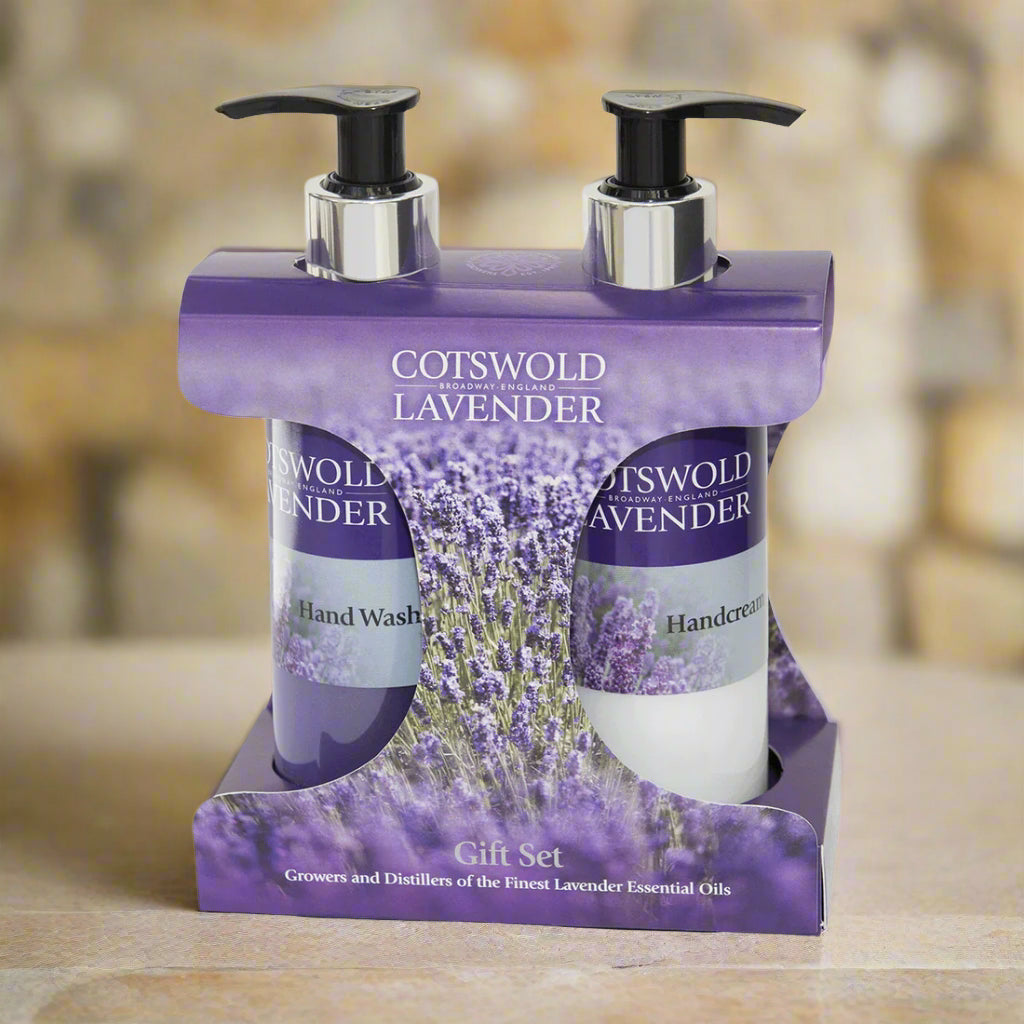 Cotswold Lavender hand wash and hand cream set in packaging on a white background