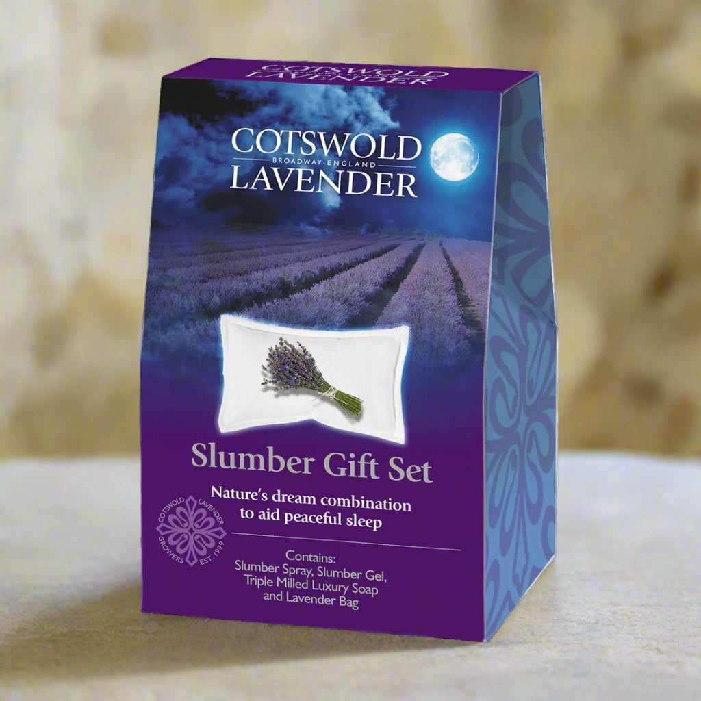 Cotswold Lavender Slumber Gift Set packaging with lavender field and moon background