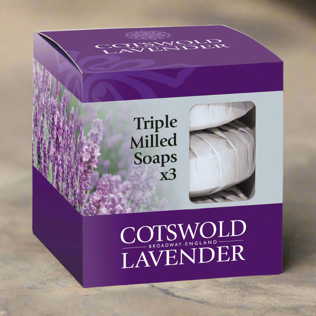 Cotswold Lavender soap packaging with purple and white design