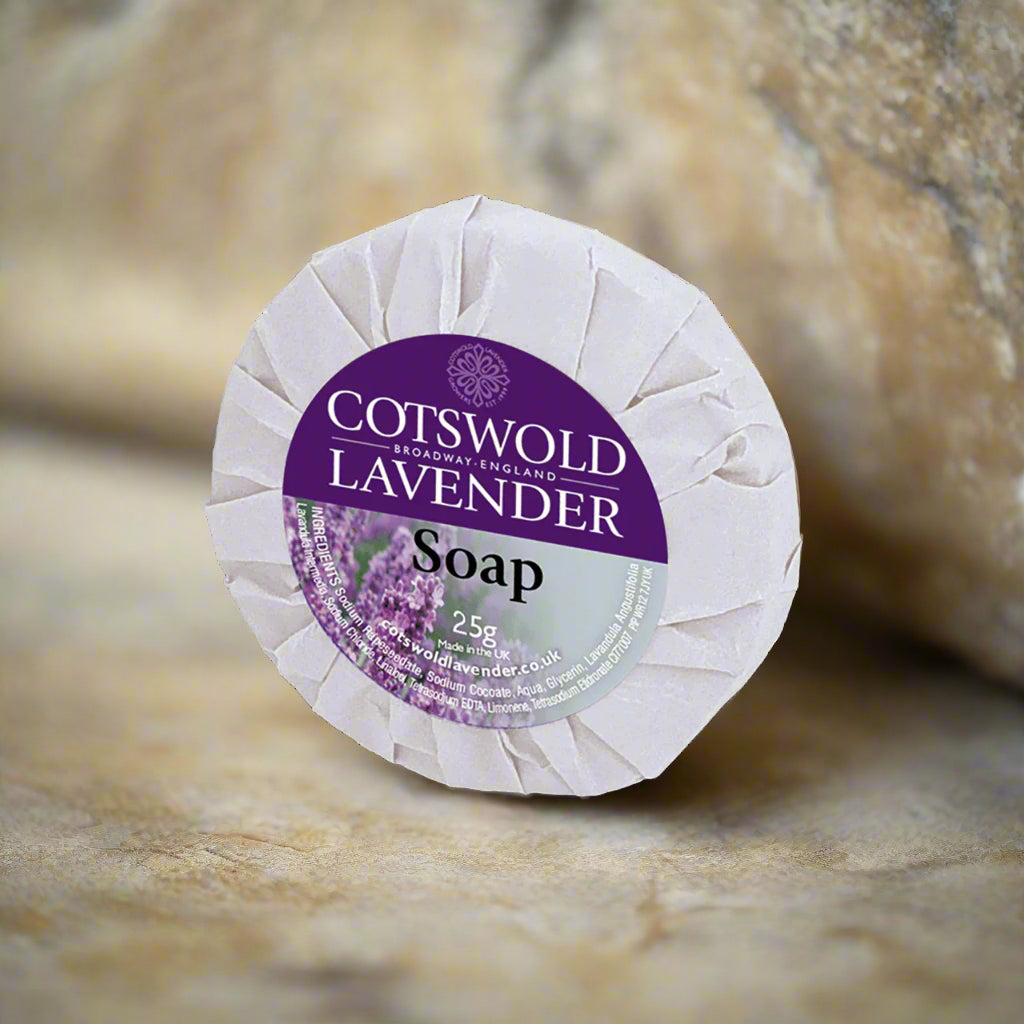 Cotswold Lavender soap bar with a purple label on a white background