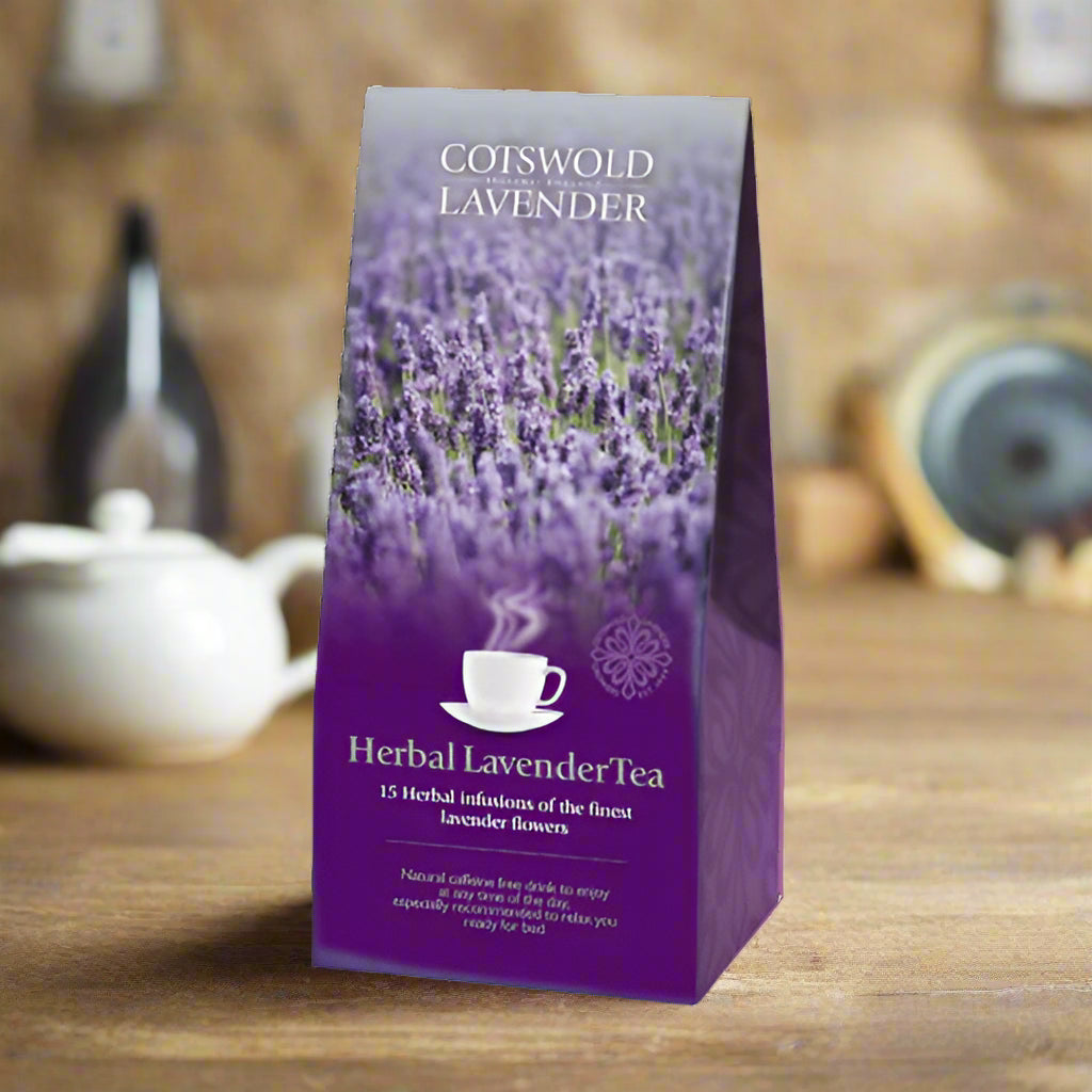 Cotswold Lavender herbal lavender tea packaging with lavender field imagery on a white background