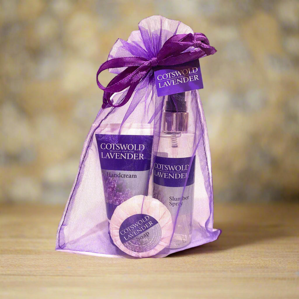 Cotswold Lavender gift set with a purple ribbon on a white background